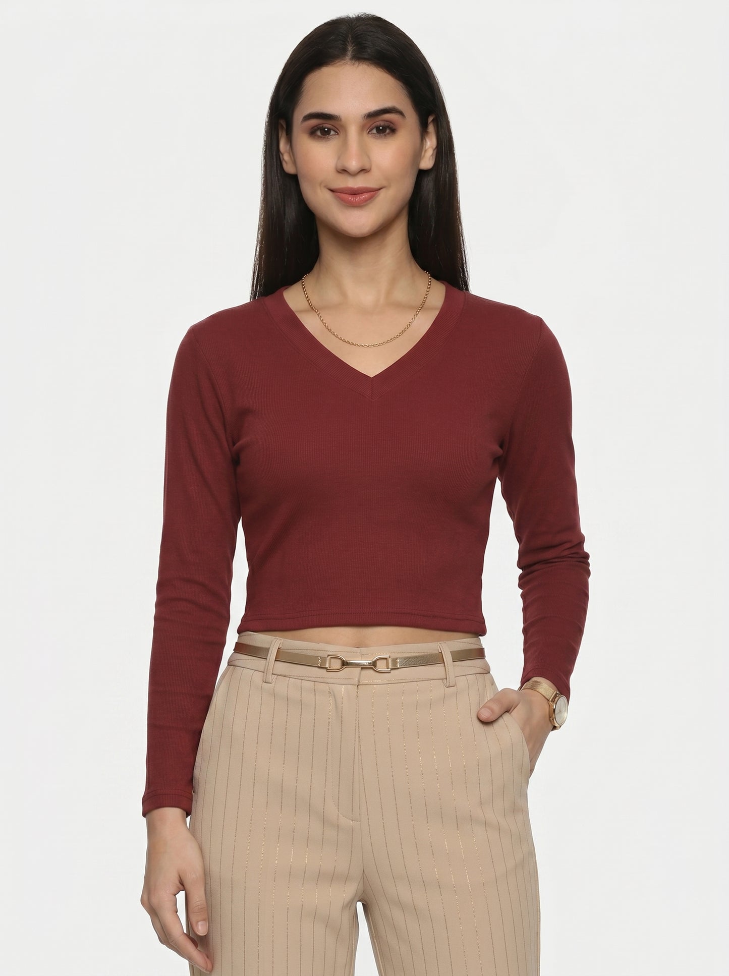 Maroon ribbed V-neck crop top, front view on model